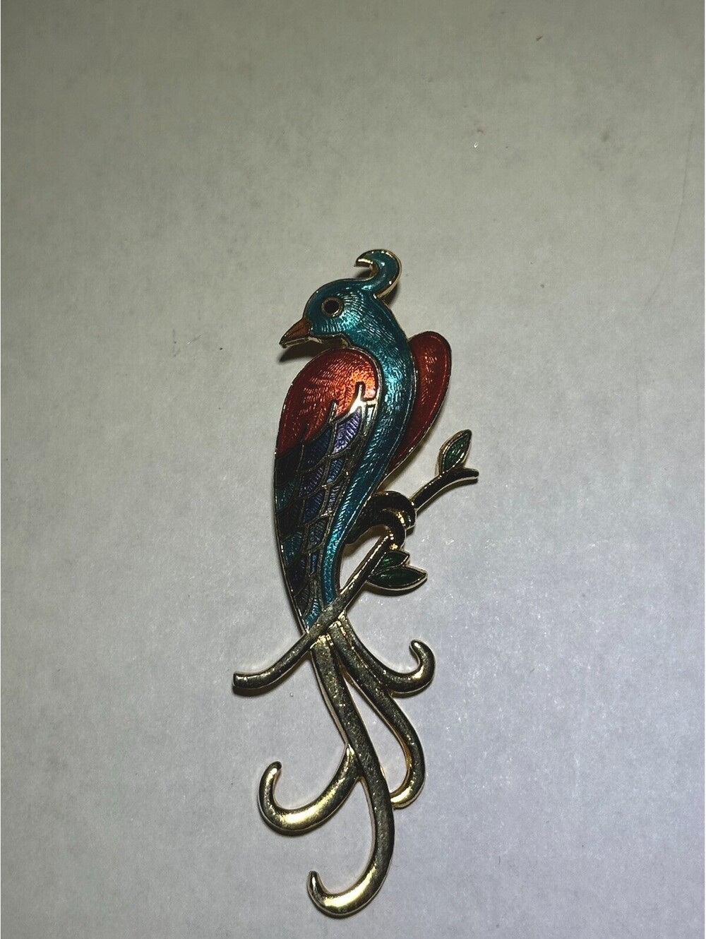 Bird of Paradise Cloissone Pin Brooch Gold Tone 2.75”Vintage